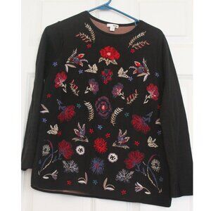 J. Jill Womens Sweater Floral Embroidered Long Sleeve Black Preppy Sz XS NWOT